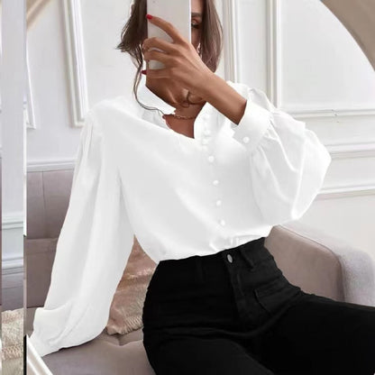 Commute Style Solid Color Round Neck Long Sleeve Single-breasted Women's Shirt