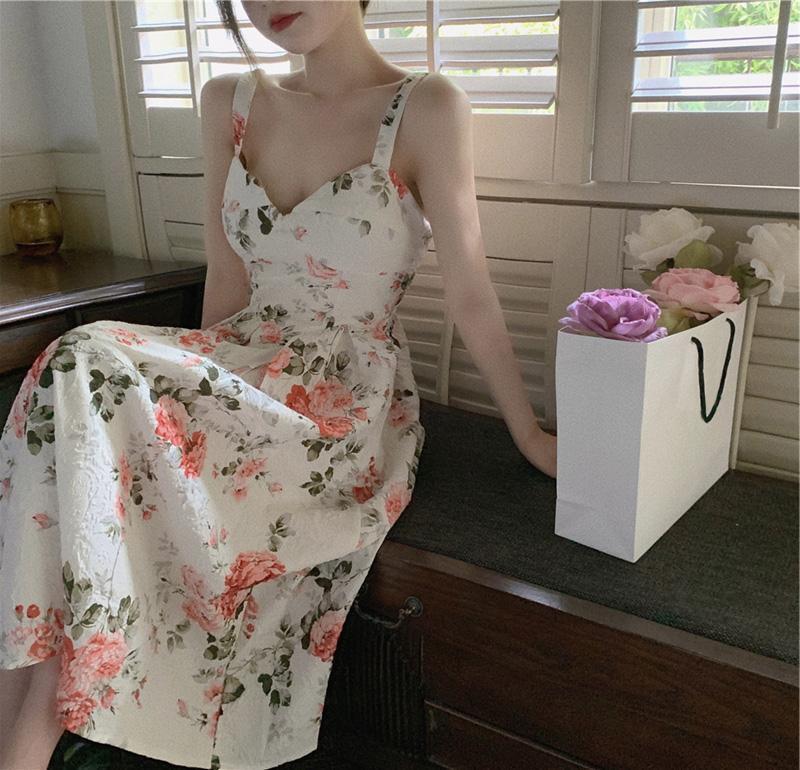 Women's High Waist Slimming Floral V-neck Sleeveless Sling Mid-length Dress