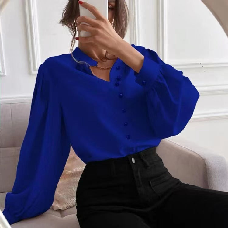 Commute Style Solid Color Round Neck Long Sleeve Single-breasted Women's Shirt