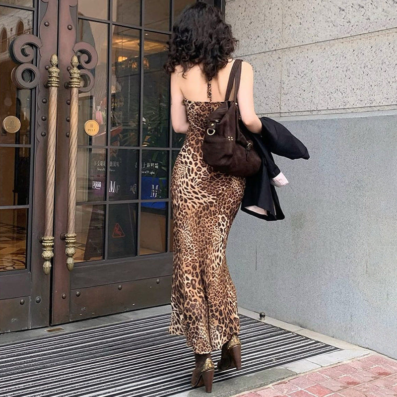 Fashion Print Sexy Backless Lace Up Leopard Print Dress