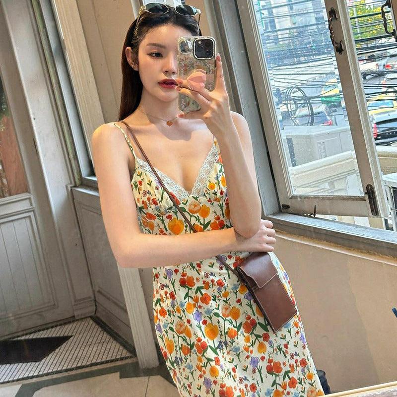 Fashion Printed Backless Lace Sling Dress