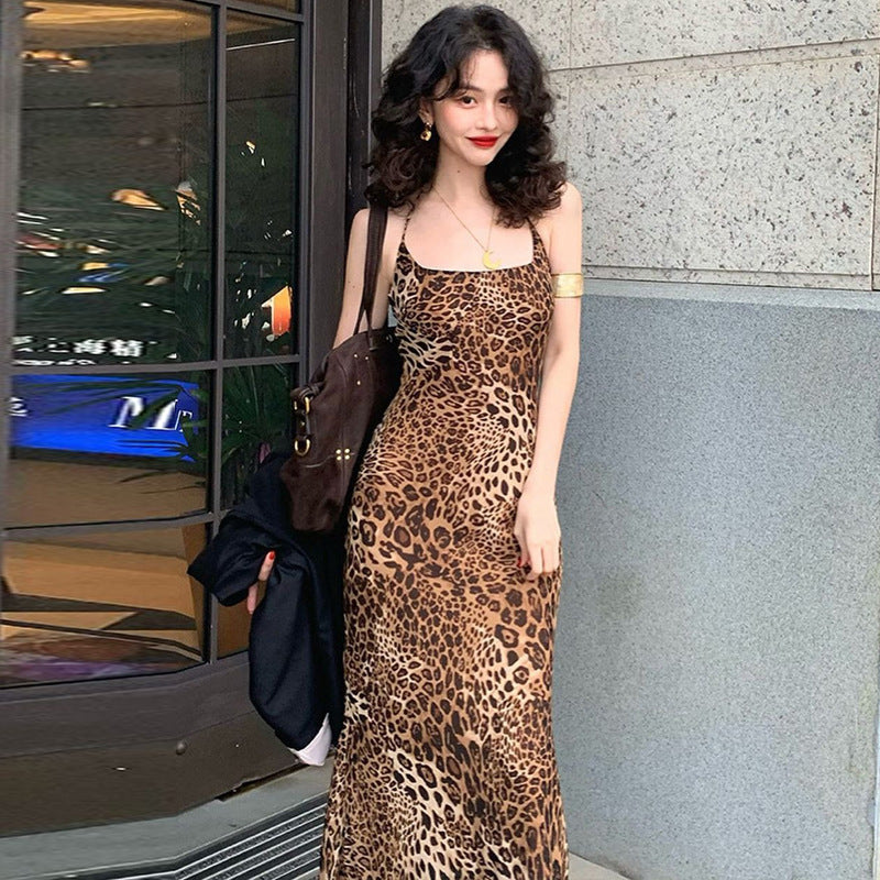 Fashion Print Sexy Backless Lace Up Leopard Print Dress