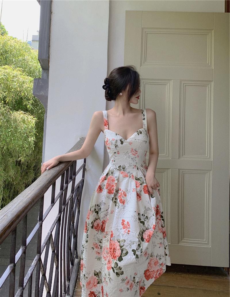 Women's High Waist Slimming Floral V-neck Sleeveless Sling Mid-length Dress