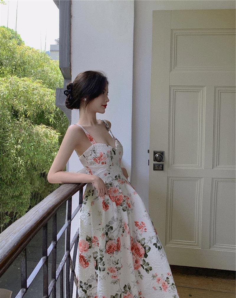 Women's High Waist Slimming Floral V-neck Sleeveless Sling Mid-length Dress