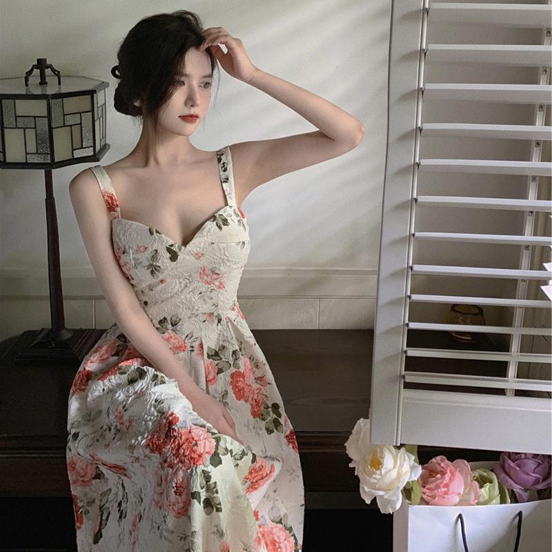 Women's High Waist Slimming Floral V-neck Sleeveless Sling Mid-length Dress